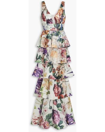 Marchesa Tiered Embellished Floral-print Chiffon Gown - White