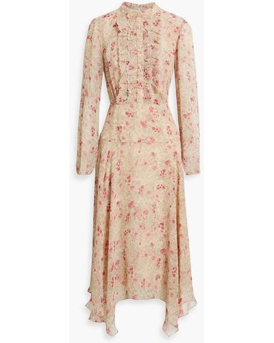 Mikael Aghal Lace-trimmed Floral-print Chiffon Midi Dress - Natural