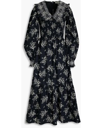 Sea Shirred Floral-print Cotton Midi Dress - Black