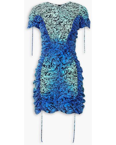 Stella McCartney Ruched Printed Silk Crepe De Chine Mini Dress - Blue