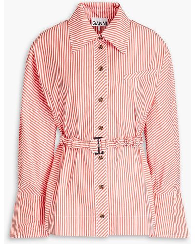 Ganni Belted Striped Cotton-poplin Shirt - Pink