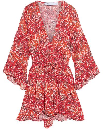 IRO Rhodey Frayed Ruffle-trimmed Printed Crepe Playsuit - Red