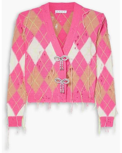 Area Embellished Distressed Argyle Knitted Cardigan - Pink