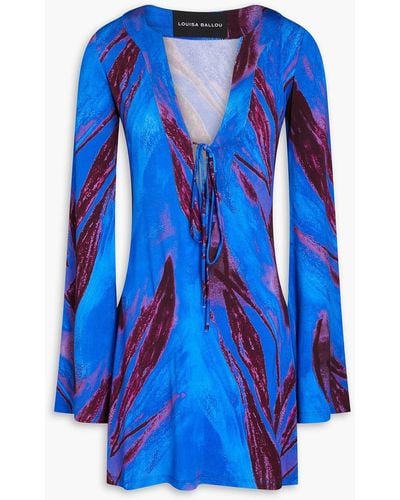 Louisa Ballou Tie-detailed Printed Stretch-jersey Mini Dress - Blue