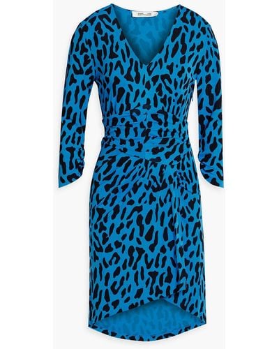 Diane von Furstenberg David Pleated Leopard-print Stretch-jersey Mini Dress - Blue
