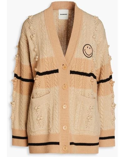 Sandro Pompom-trimmed Cable-knit Wool Cardigan - Natural