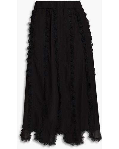 Ganni Lace-trimmed Fil Coupé Chiffon Midi Skirt - Black