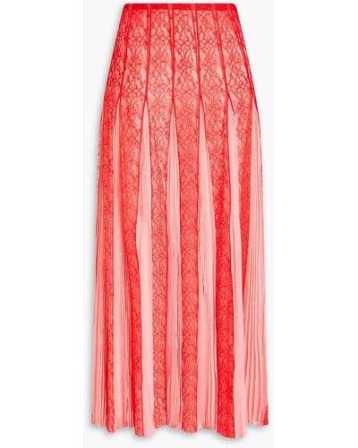Valentino Garavani Pleated Corded Lace And Silk-chiffon Midi Skirt - Red