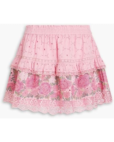 LoveShackFancy Shawna Tiered Embroidered Broderie Anglaise Cotton Mini Skirt - Pink