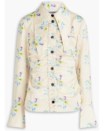Ganni Floral-print Ruched Crinkled-satin Shirt - White