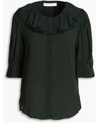 See By Chloé Lace-trimmed Ruffled Crepe De Chine Blouse - Green
