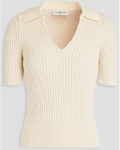 Tory Burch Ribbed Bouclé-knit Cotton Polo Shirt - Natural