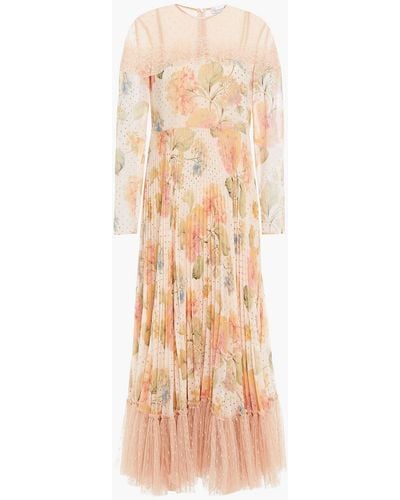 RED Valentino Pleated Floral-print Georgette, Lace And Point D'esprit Midi Dress - Natural