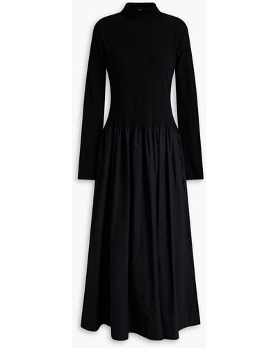 Bassike Gathered Ribbed Knit-paneled Cotton-blend Poplin Maxi Dress - Black