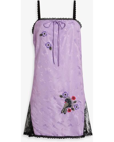 Anna Sui Lace-trimmed Embellished Satin-jacquard Mini Slip Dress - Purple