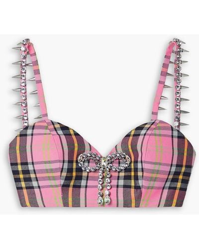 Area Embellished Checked Wool-blend Bra Top - Pink