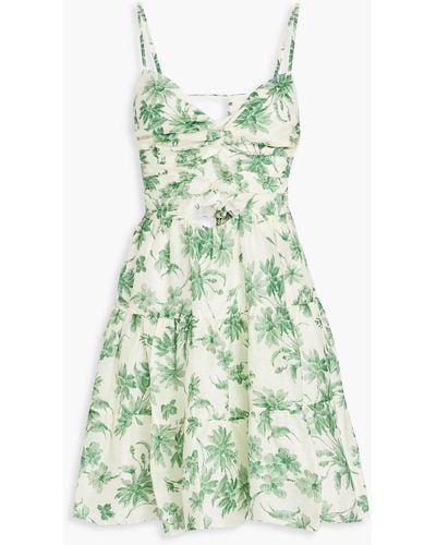 Sandro Nances Twisted Cutout Floral-print Linen-blend Mini Dress - Green
