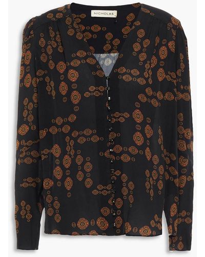 Nicholas Annika Gathered Printed Chiffon Blouse - Black