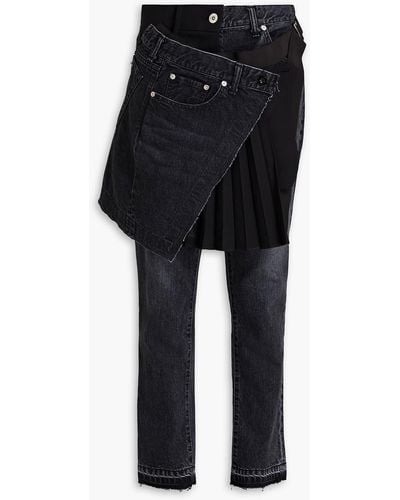 Sacai Layered Wool-crepe Panelled Faded Slim-leg Jeans - Black