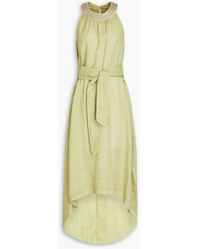 120% Lino Embellished Belted Slub Linen Midi Dress - Yellow