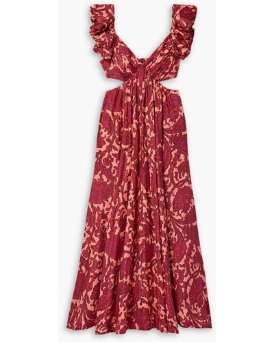 Zimmermann tiggy Cutout Ruffled Paisley-print Silk Midi Dress - Red