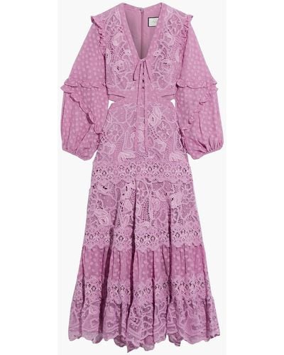 Alexis Zendaya Cutout Embroidered Tulle, Fil Coupé And Lace Maxi Dress - Purple