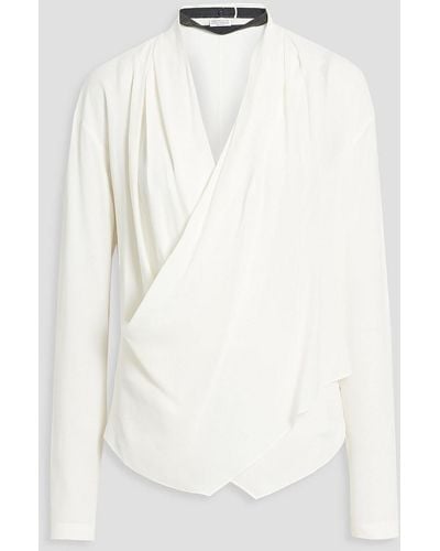 Brunello Cucinelli Wrap-effect Bead-embellished Silk-crepe Blouse - White