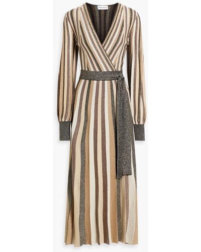 Rebecca Vallance Marsha Wrap-effect Metallic Striped Stretch-knit Midi Dress - Natural