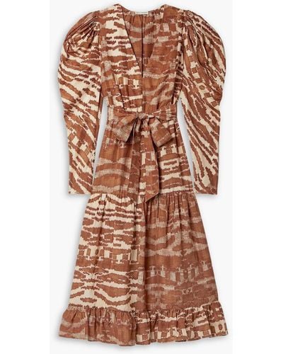 Ulla Johnson Leyla Belted Printed Silk Midi Dress - Brown