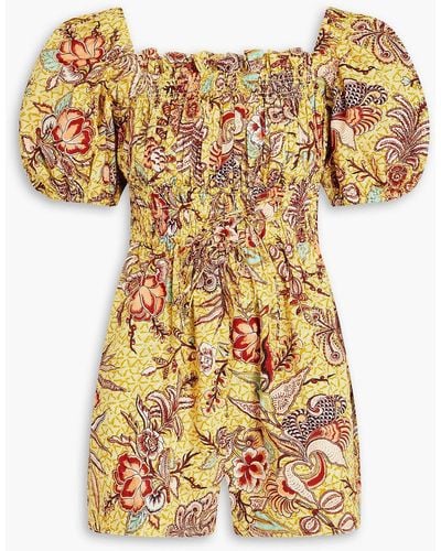Ulla Johnson Alo Shirred Printed Cotton-poplin Playsuit - Yellow