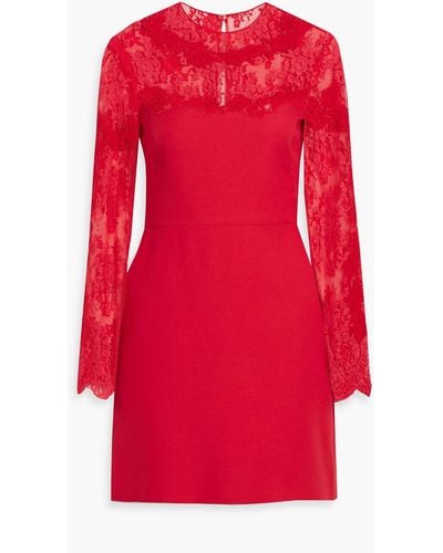 Valentino Garavani Lace-paneled Wool And Silk-blend Crepe Mini Dress - Red