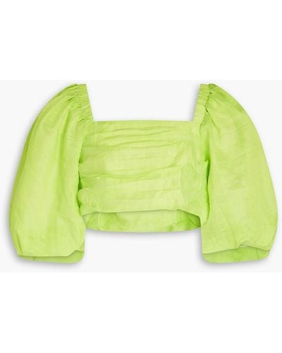 Sandro Cropped Pleated Linen-blend Gauze Top - Green