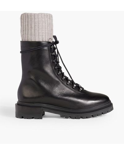 Porte & Paire Ribbed-knit Trimmed Leather Combat Boots - Black