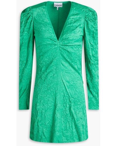 Ganni Crinkled-satin Mini Dress - Green