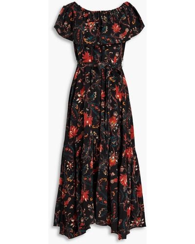 Ulla Johnson Skye Belted Floral-print Silk Crepe De Chine Midi Dress - Black