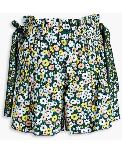Agua Bendita Janeiro Pleated Floral-print Cotton-poplin Shorts - Green
