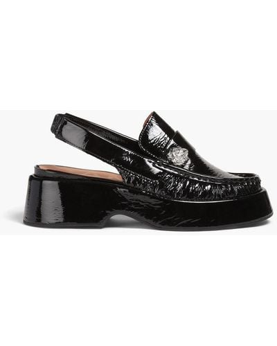 Ganni Crinkled Patent-leather Slingback Loafers - Black