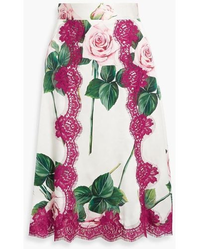 Dolce & Gabbana Lace-trimmed Floral-print Silk-blend Skirt - Pink