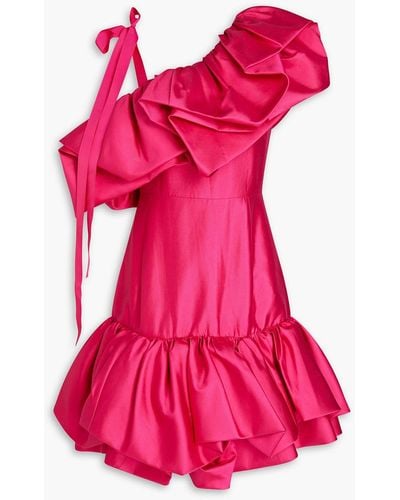 Huishan Zhang Off-the-shoulder Ruffled Linen And Silk-blend Satin Mini Dress - Pink