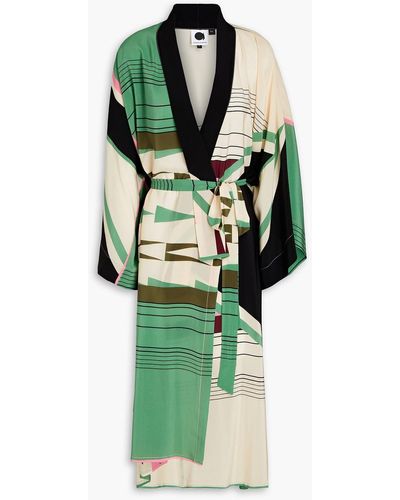 Louisa Parris Kimono Belted Printed Silk Crepe De Chine Midi Wrap Dress - Green