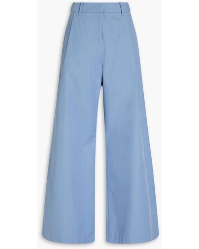 Anna Quan Pleated Cotton-blend Twill Wide-leg Trousers - Blue