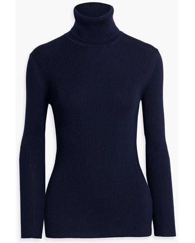 Iris & Ink Floriane Ribbed Merino Wool Turtleneck Jumper - Blue