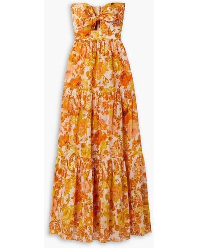 Zimmermann Raie Strapless Tiered Floral-print Cotton Maxi Dress - Orange