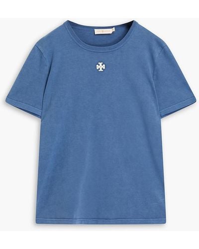 Tory Burch Logo-embroidered Cotton-jersey T-shirt - Blue