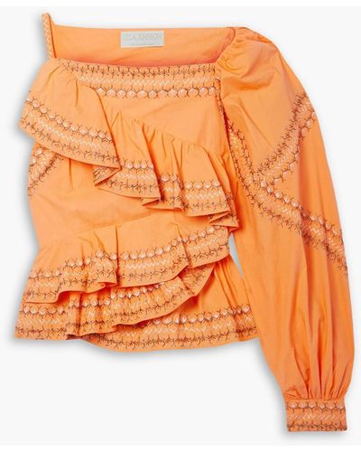 Ulla Johnson Arjun One-sleeve Ruffled Embroidered Cotton Top - Orange