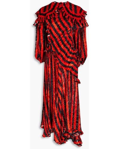 Preen By Thornton Bregazzi Ruffled Striped Devoré-chiffon Midi Dress - Red