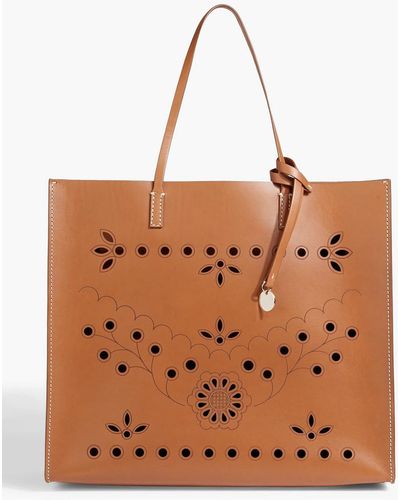 Red(V) Laser-cut Printed Leather Tote - Brown