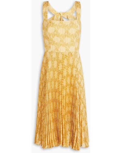 Mikael Aghal Cutout Pleated Printed Jacquard Dress - Yellow