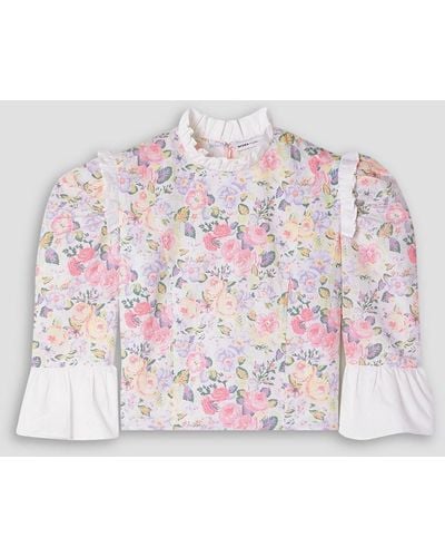 BATSHEVA Cropped bluse aus baumwollpopeline mit floralem print und rüschen - Pink