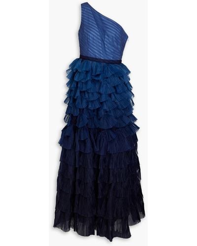 Marchesa One-shoulder Dégradé Tulle-paneled Organza Gown - Blue
